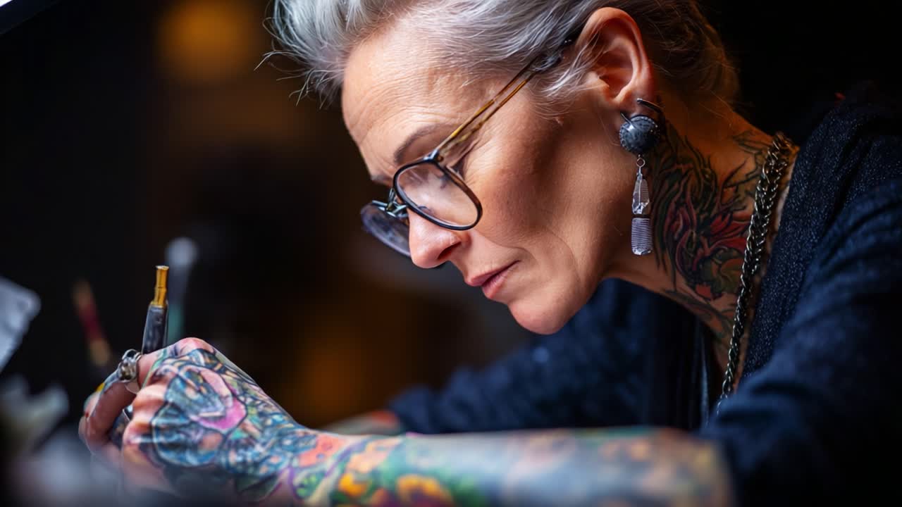 An Intense Focus on Artistry: A Talented Tattoo Artist Dedicates Herself to the Craft with Precision and Passion, Capturing the Essence of Intricate Body Art in Every Stroke