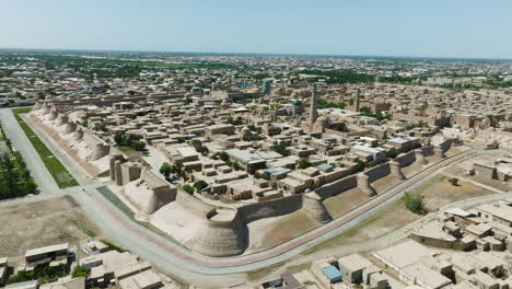 Aerial-View-Of-Itchan-Kala---Walled-Inner-Town-Of-The-City-Of-Khiva-In-Uzbekistan