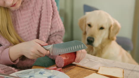 girl eating sausage with a dog watching