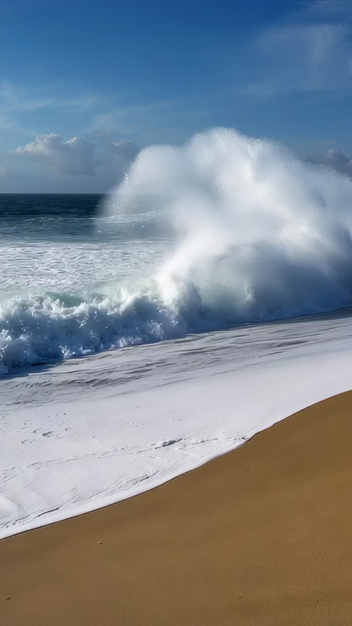 Vertical video: Approaching swell from horizon exploding into spray and washing foamy surf on sand