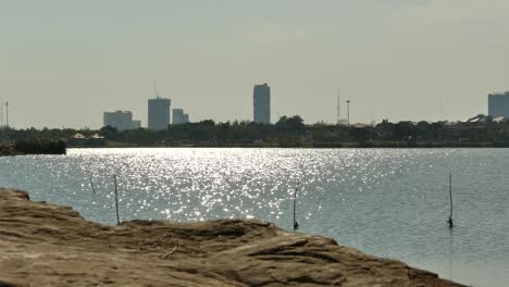 Friedliches-Flussufer-Mit-Stadt-Im-Hintergrund