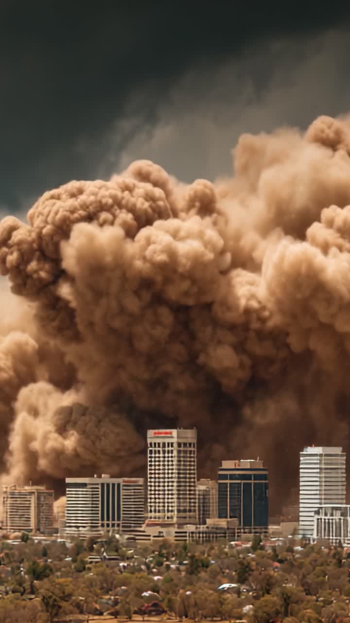 Una Drammatica Tempesta di Polvere Inghiottisce il Paesaggio Urbano, Trasformando i Grattacieli in Sagome in Mezzo alla Furente Nuvola di Polvere Marroncina e all'Atmosfera Caotica