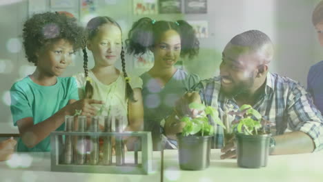 animación de luces bokeh y la naturaleza sobre felices alumnos maestros afroamericanos masculinos en la clase