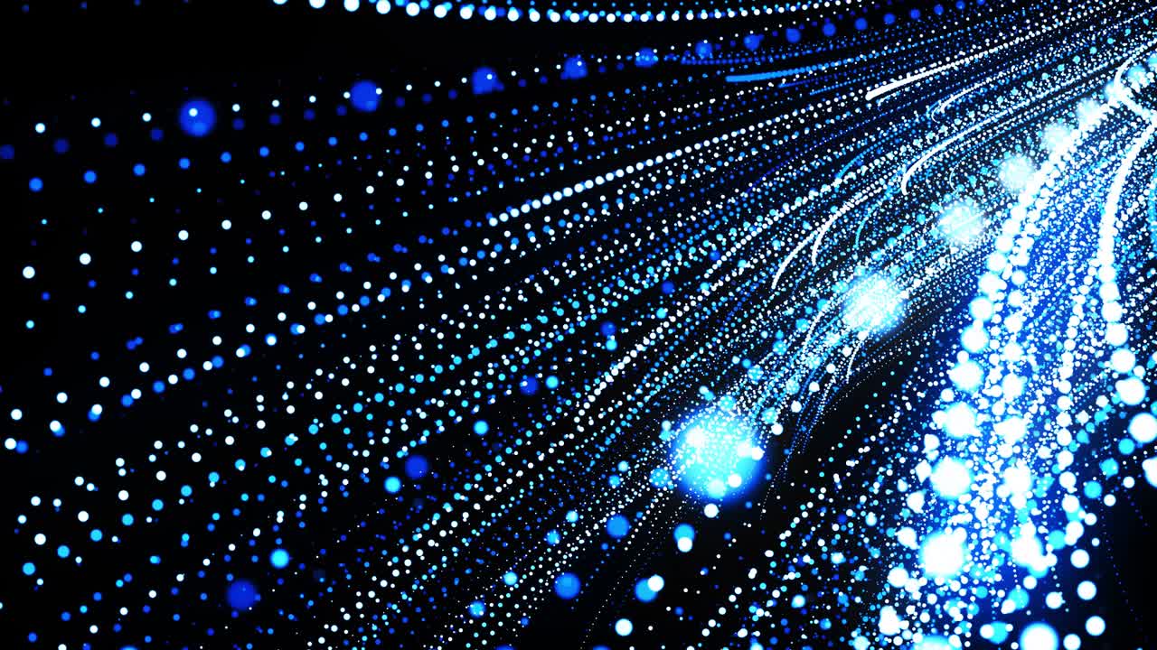 abstract 3d loop background with glowing particles lined up in curved lines in 3d space. Festive vj loop with blue particles and smooth animated camera. Motion design background