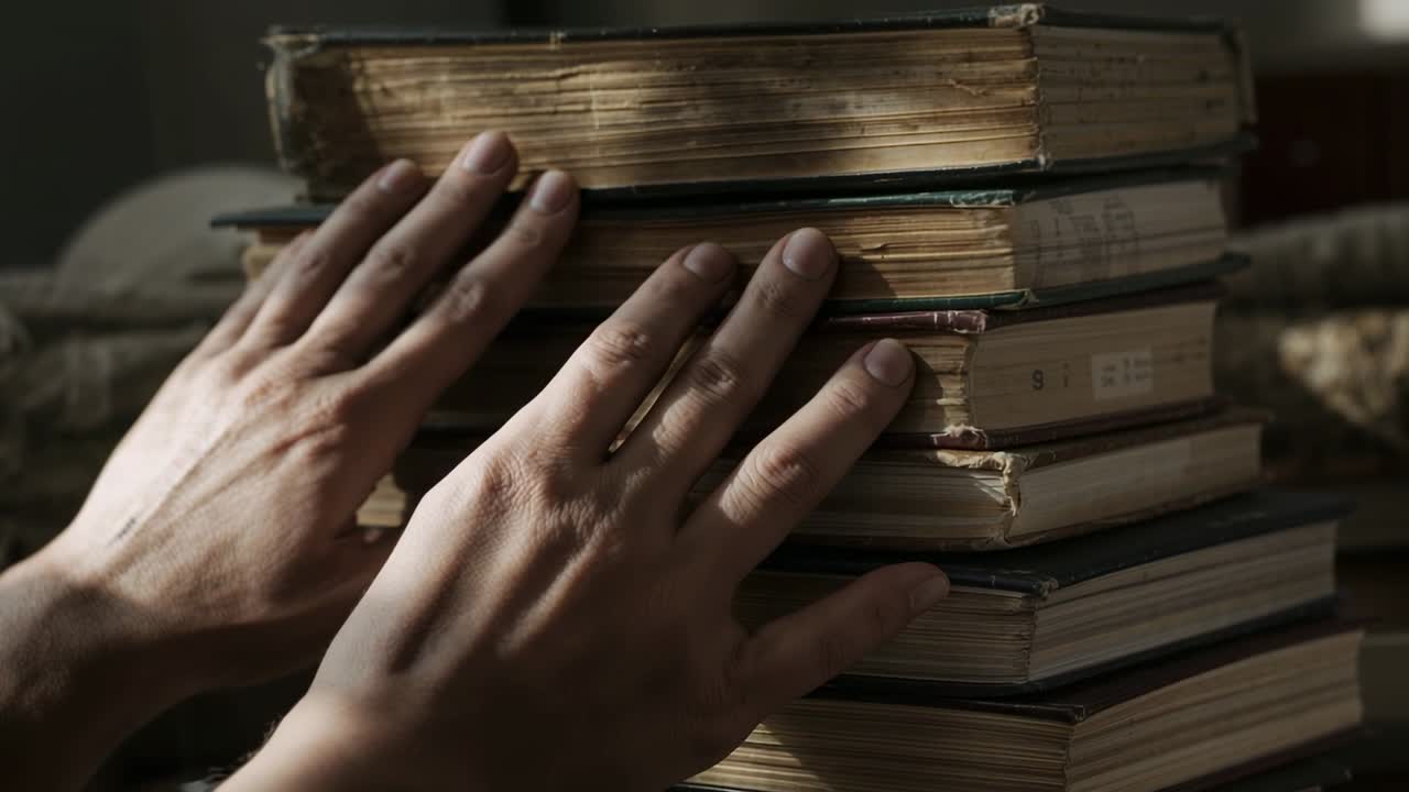 Video verticale: Mani adulte che allineano libri usurati accanto al letto, levigando i dorsi per stabilità