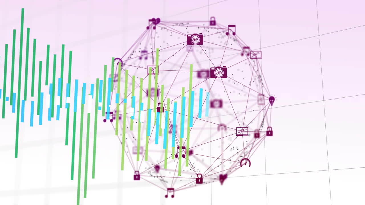 Abstract network forming sphere in flat design with floating purple icons and animated data bars