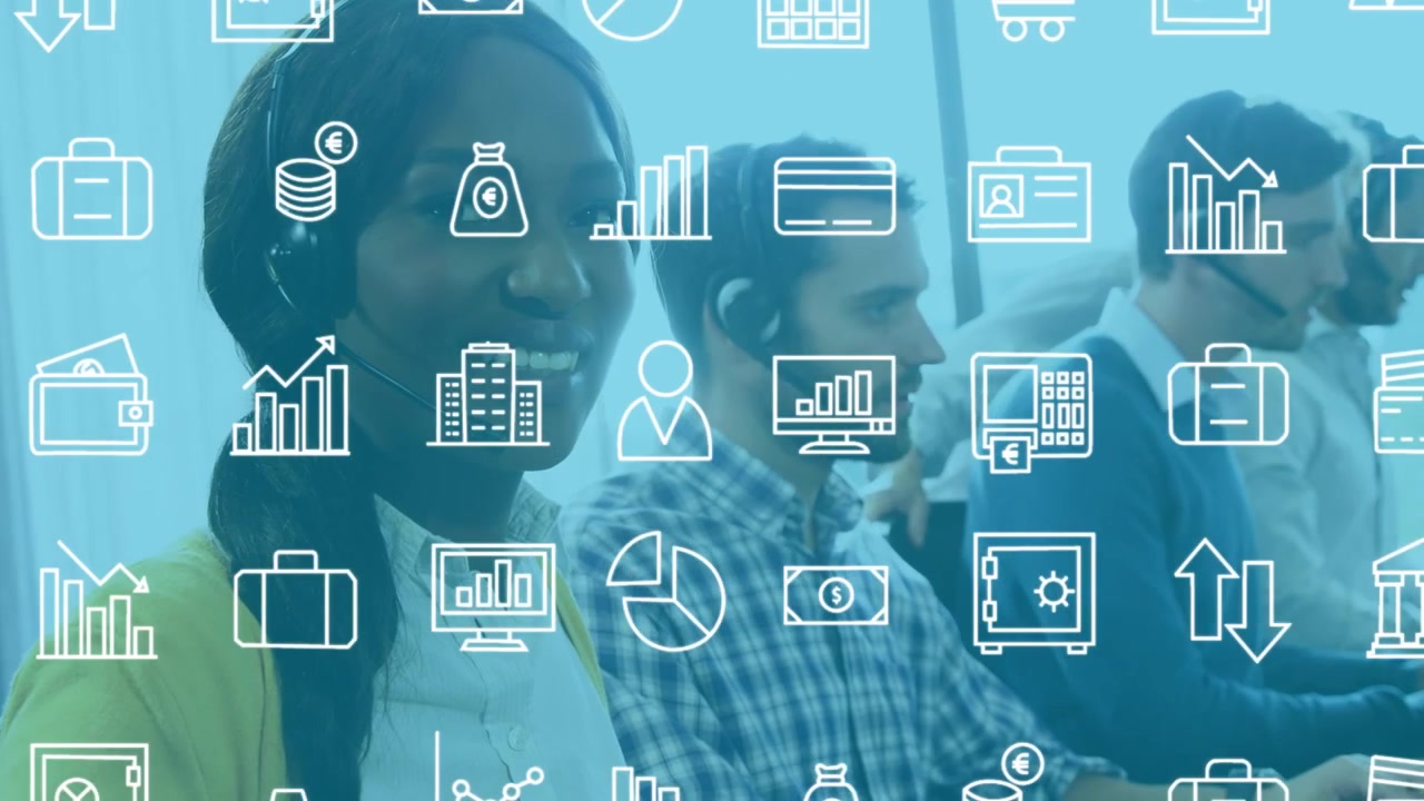 Animation of online icons over diverse business people wearing phone headsets