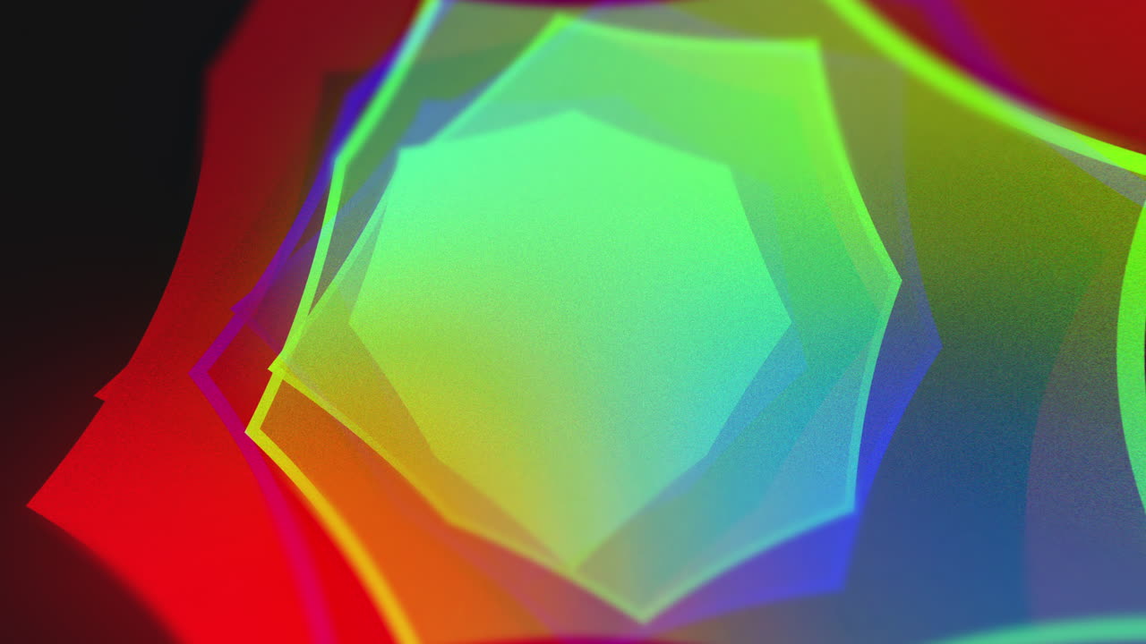 Multicolour 4K looping gradient background with subtle movement and black background. Red green and blue multi-sided shapes ebbing and moving like water.