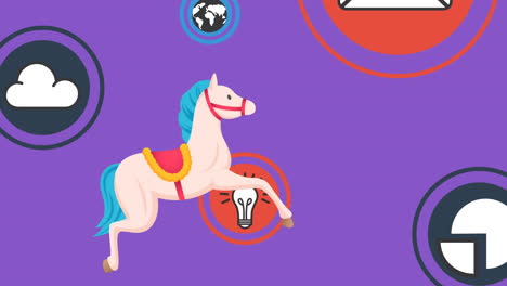 animación de iconos flotantes en círculos y caballo moviéndose sobre fondo púrpura