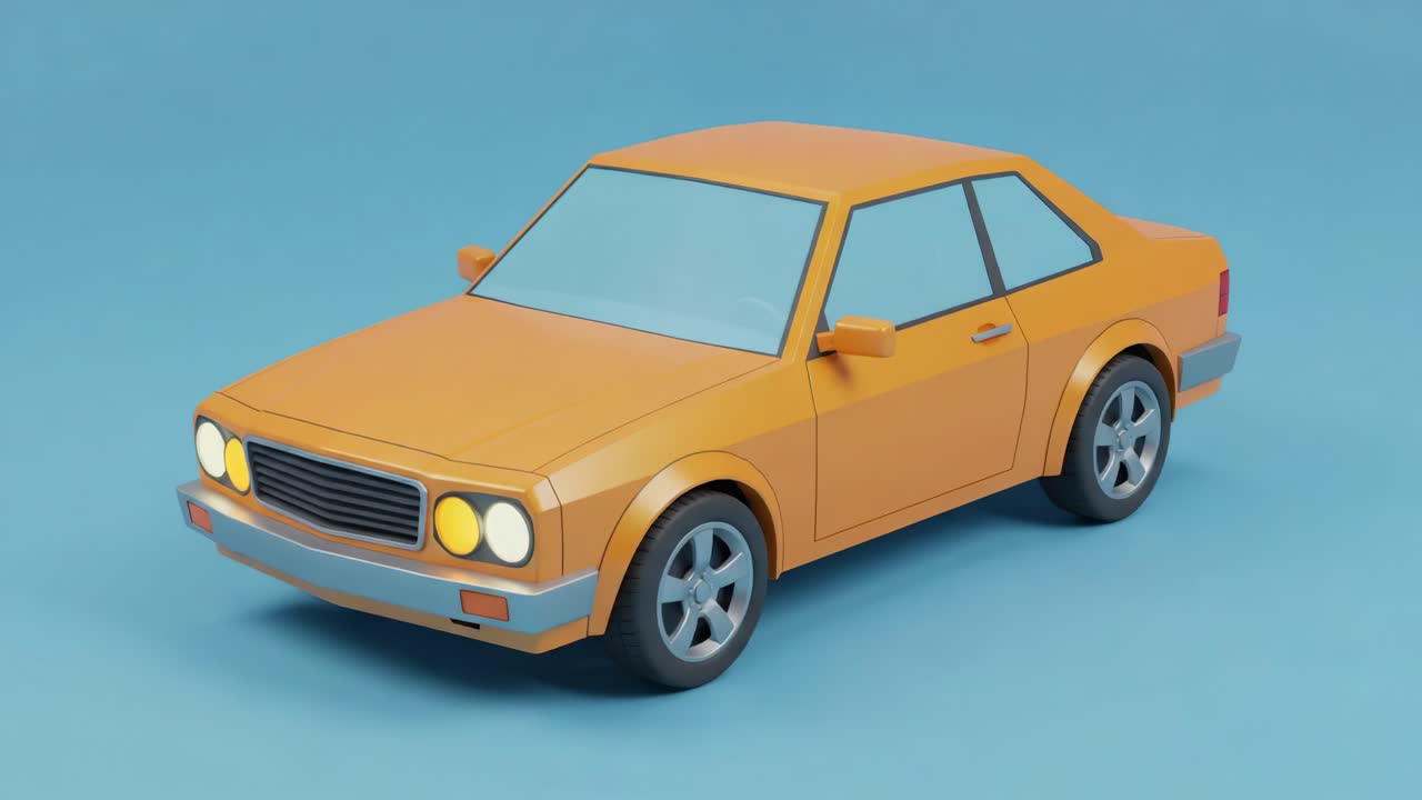 A Vibrant Orange Paper Car Model Showcasing Creative Design and Craftsmanship with Geometric Shapes Against a Soft Blue Background