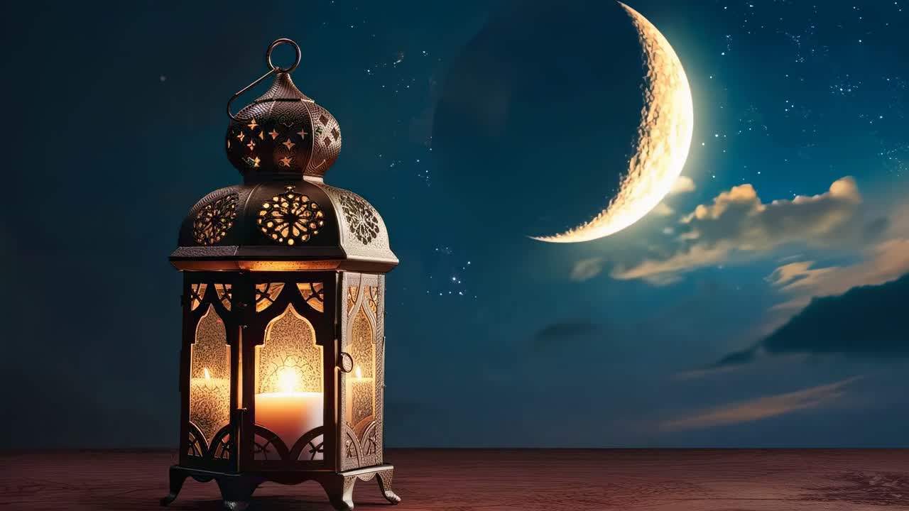 Video da angolazione bassa di una lanterna decorata che si illumina delicatamente su un cielo notturno da sogno