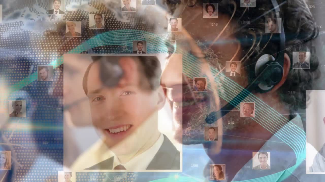 Animation of network of connections over business people using phone headsets