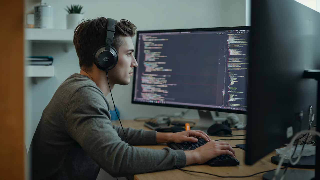 Typing developer in grey sweatshirt editing code at desk with dual monitors and headset, copy space