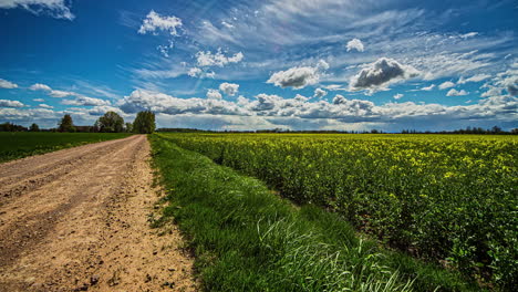 Cloudscape-Sobre-Tierras-De-Cultivo-De-Colza-Junto-A-Un-Camino-Rural-De-Tierra---Alejar-El-Lapso-De-Tiempo-Revelar