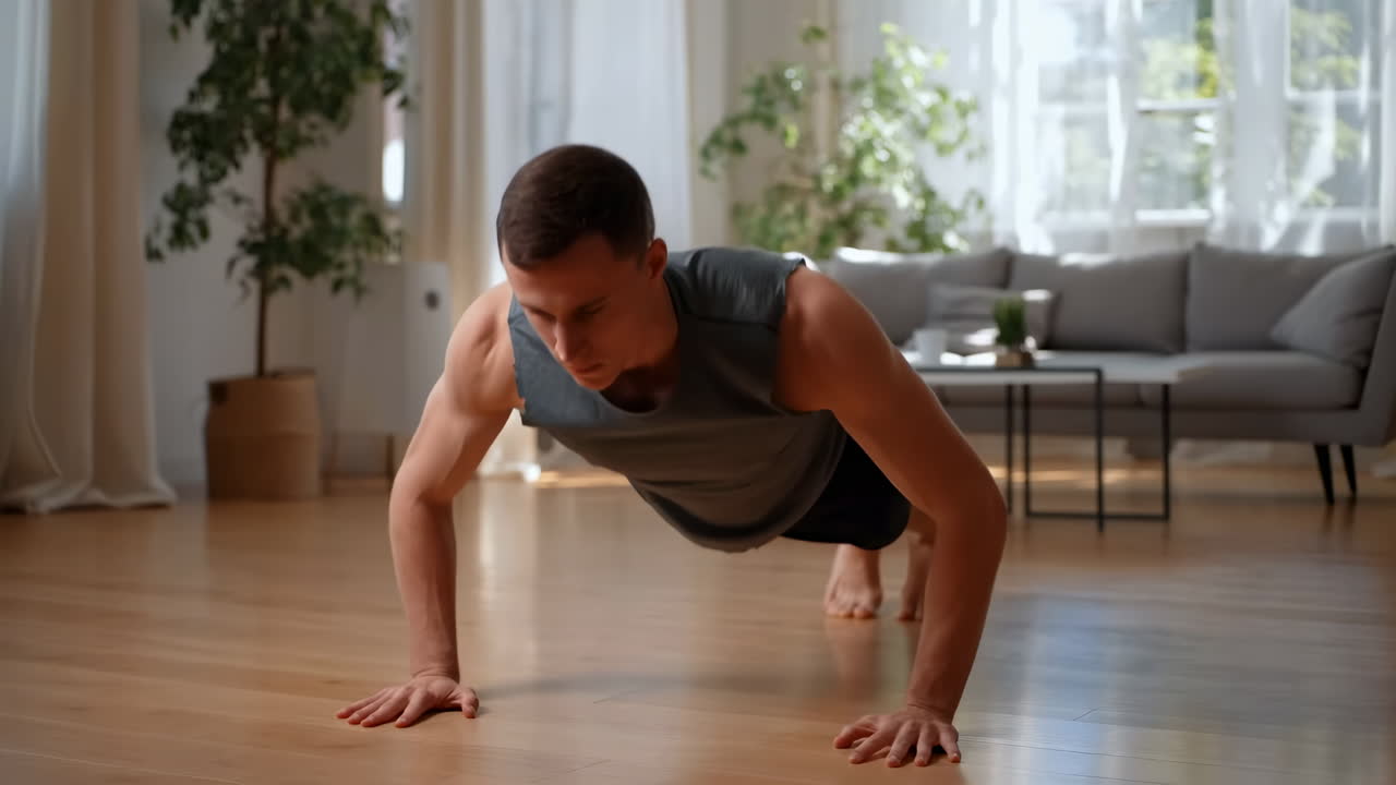 Young Man Doing Push-ups at Home in Living Room