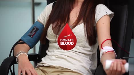 animation of blood drop and donate blood text over caucasian female patient