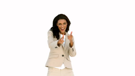 Businesswoman-pointing-her-fingers-and-turning