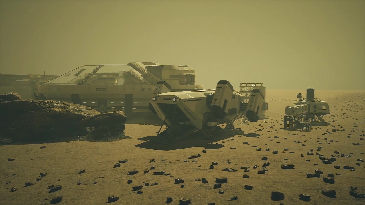 Mars landing scene mars base approach captured with rocks and vehicles
