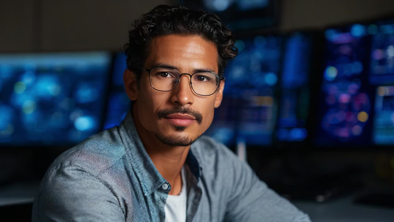 Focused Professional in a Modern Office Environment with Multiple High-Tech Computer Screens Illustrating Monitoring and Analysis Work, Showcases Concentration and Skill in Tech-Driven Tasks