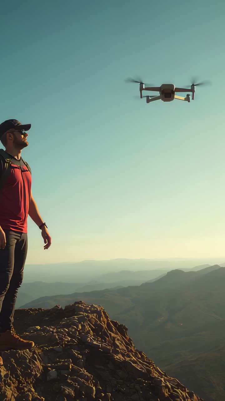 Vertical video: Standing red-shirt hiker watching drone coming right, filming view, copy space