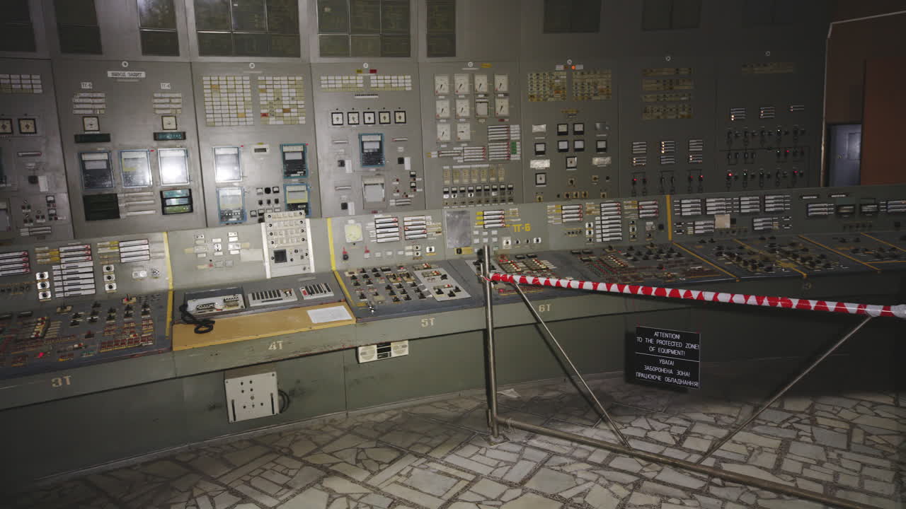 Rows Of Analog Instruments And Buttons At Chernobyl Nuclear Power Plant In Ukraine - Panning Shot