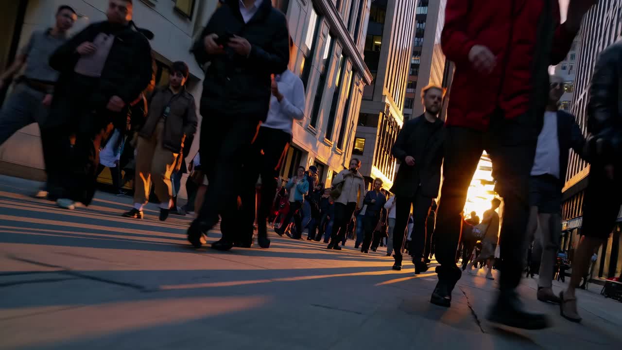 Video dinamico di una scena di strada al tramonto, ripreso dal basso, che mostra una folla vivace.