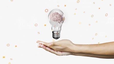 animation of hand with light bulb and data processing over white background