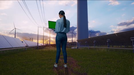 full body back view of asian female with solar panel and wind turbines, typing on laptop's keyboard with green screen and look at wind turbines farm