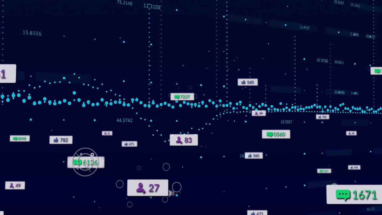 Interface visualizing turquoise data clusters on navy field, showing social media icons with labels