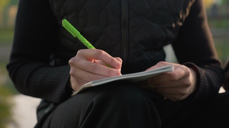 Una persona scrive a mano su carta tenendo un libro aperto o un blocco note. La messa a fuoco è un dettaglio ravvicinato costante che mostra le dita e lo strumento di scrittura contro un abbigliamento scuro. La luce naturale soffusa suggerisce un ambiente esterno