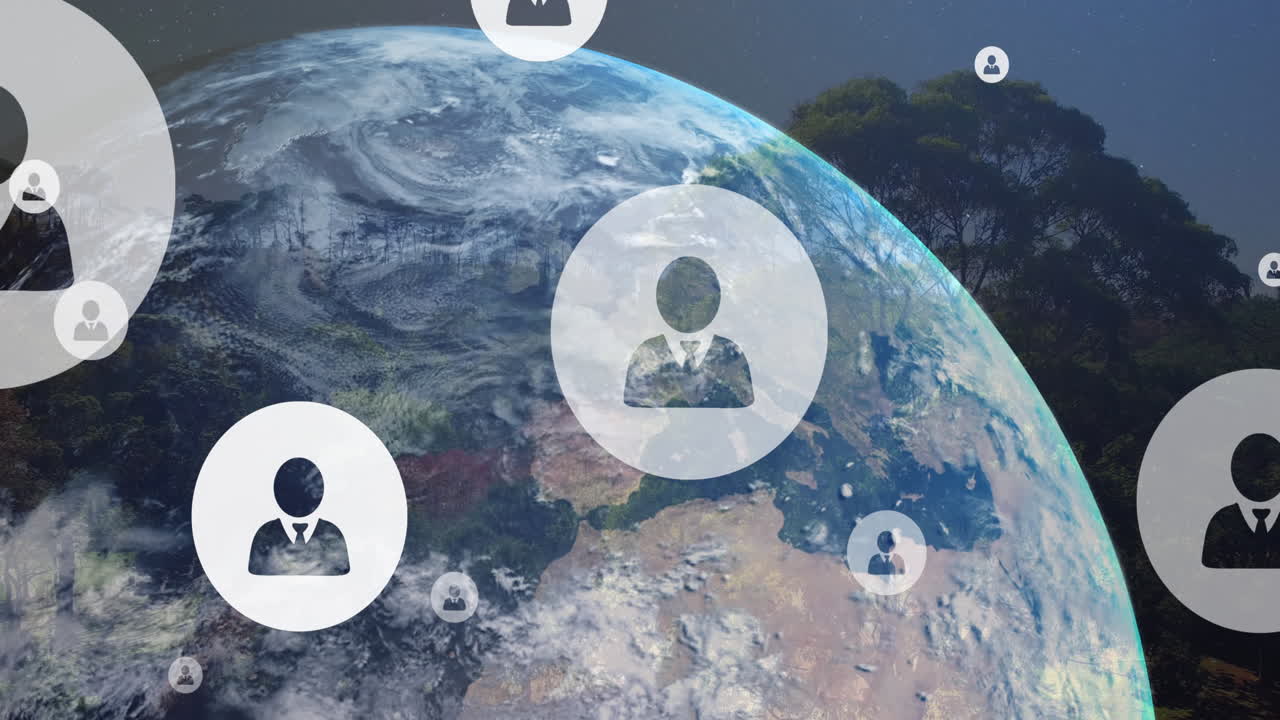 전 세계와 풍경에 걸쳐 디지털 사람 아이콘의 구성