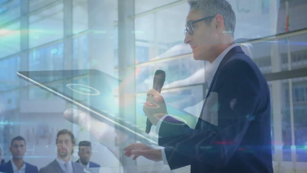 Speaking into microphone, businessman with digital technology animation overlay in office