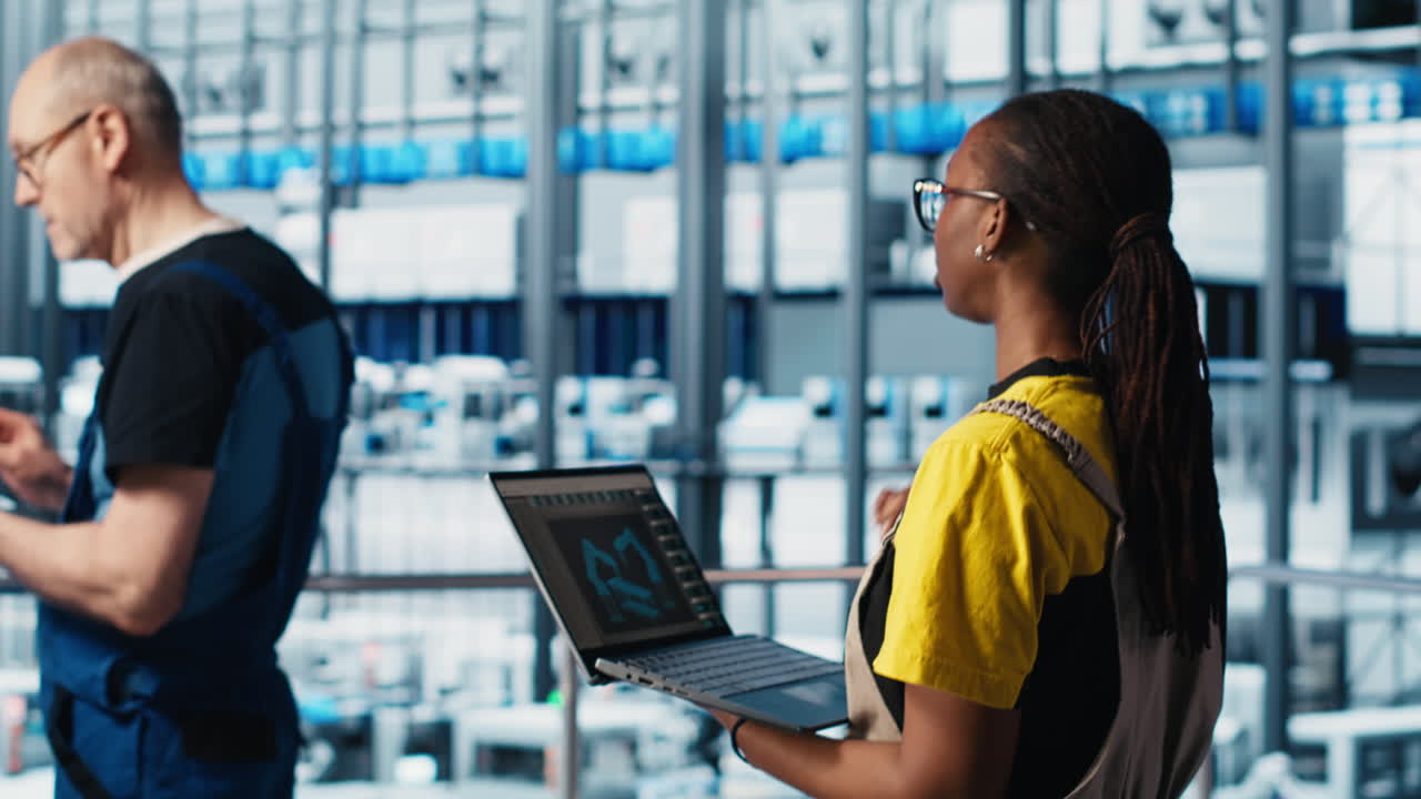 Engineers in industry 4.0 industrial plant controlling automated machinery