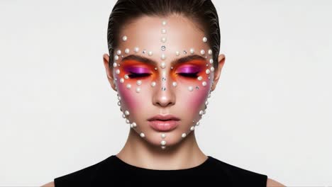 a stunning transformation: a model showcasing artistic makeup with pearls and vivid colors, highlighting creative expression in modern beauty aesthetics