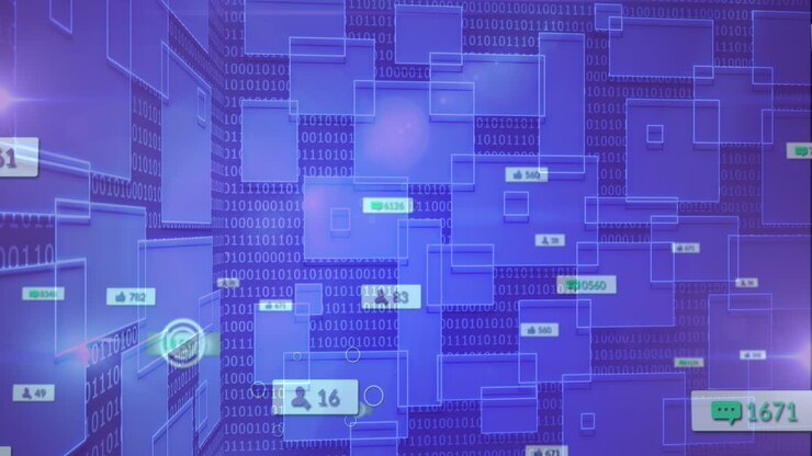 Animation of social media icons over square shapes and binary coding against blue background