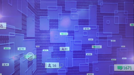 Animation of social media icons over square shapes and binary coding against blue background