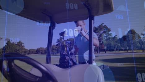 male golfer inspecting club on fairway, showing tech performance charts and monthly metrics