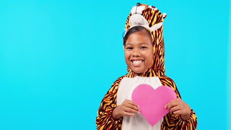 girl, portrait and heart sign is excited in blue