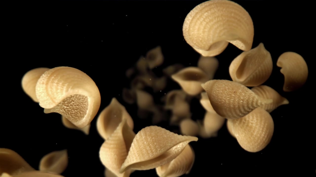 Pasta Conchiglie Kering Berjatuhan dalam Gerak Lambat dengan Latar Belakang Hitam