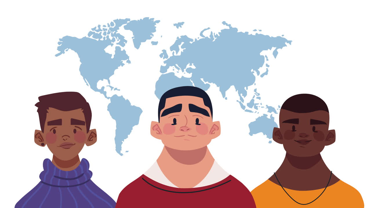 three interracial men characters animation