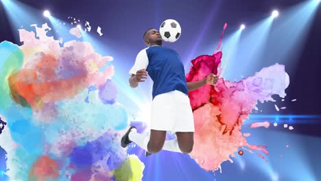 Animation-Eines-Fußballspielers-Mit-Ball-über-Bunten-Kringeln-Auf-Blauem-Hintergrund