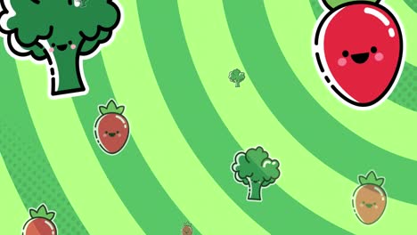 Animation-Von-Fallendem-Gemüse-über-Dem-Globus-Auf-Grünem-Streifenhintergrund