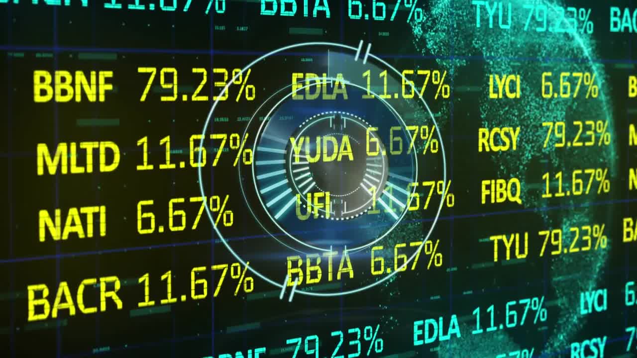 Animazione di serratura di cassaforte rotante con elaborazione di dati finanziari su interfaccia.