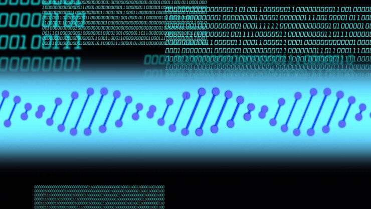 Animation of dna strand over data processing on black background