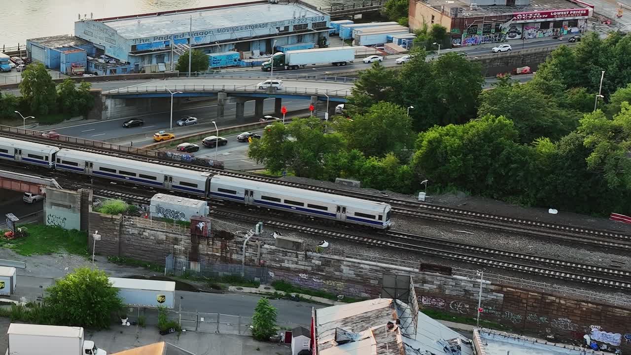 Drone view of industrial area and train tracks in New York City