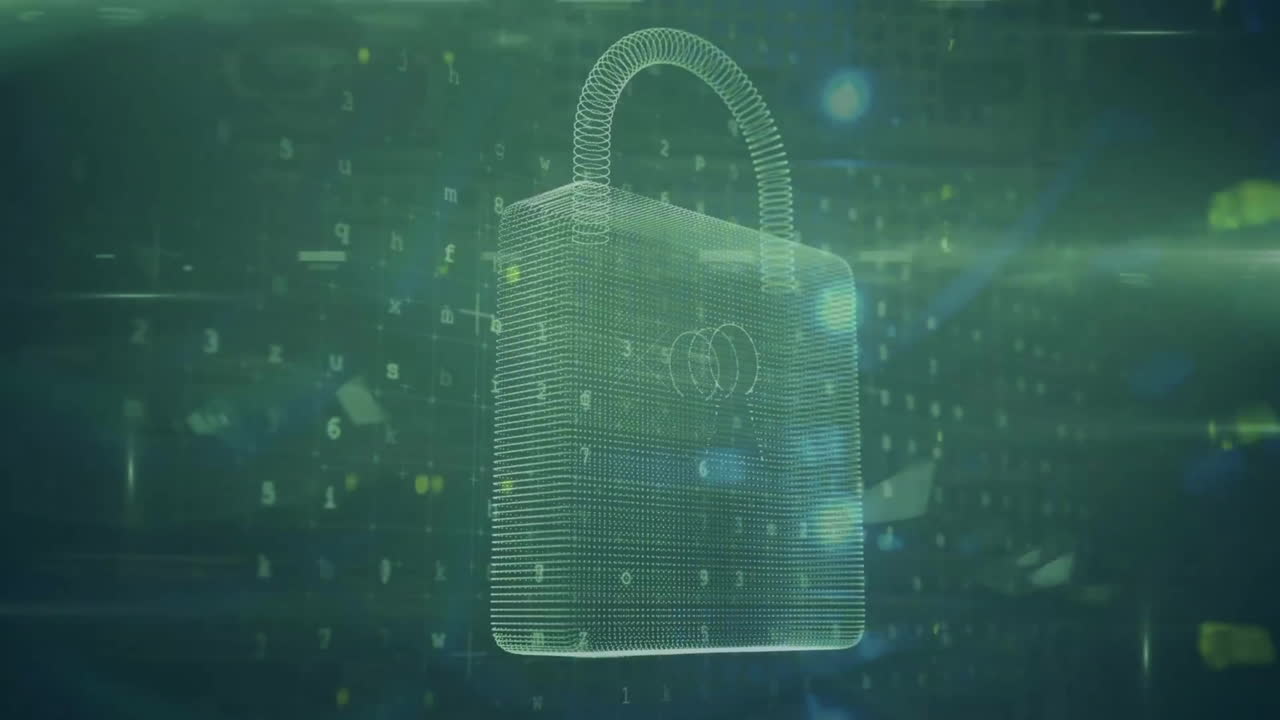 Animation of padlock and financial data processing over green background