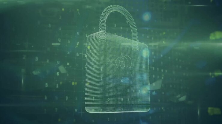Animation of padlock and financial data processing over green background