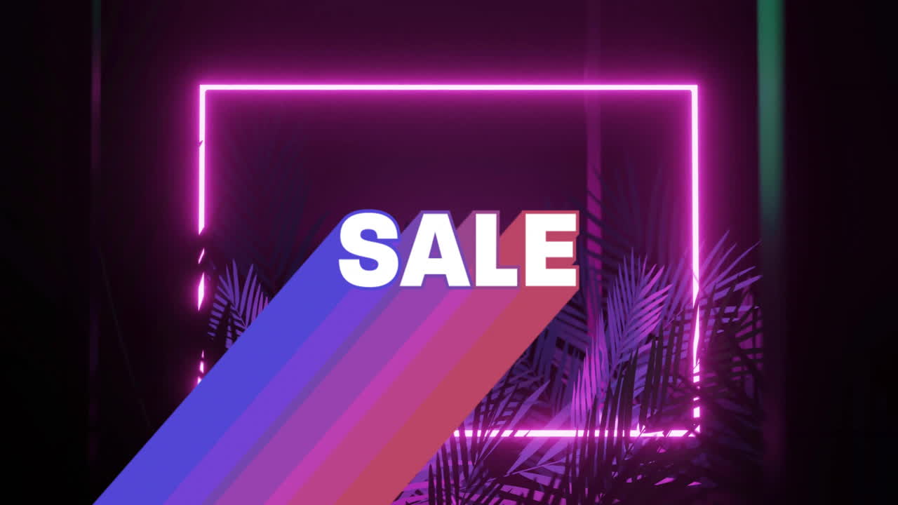 Animation of neon pink SALE text on colorful stripes with palm leaves