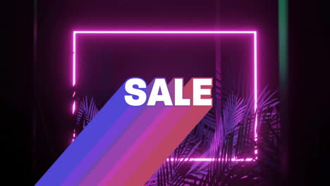 animation of neon pink sale text on colorful stripes with palm leaves