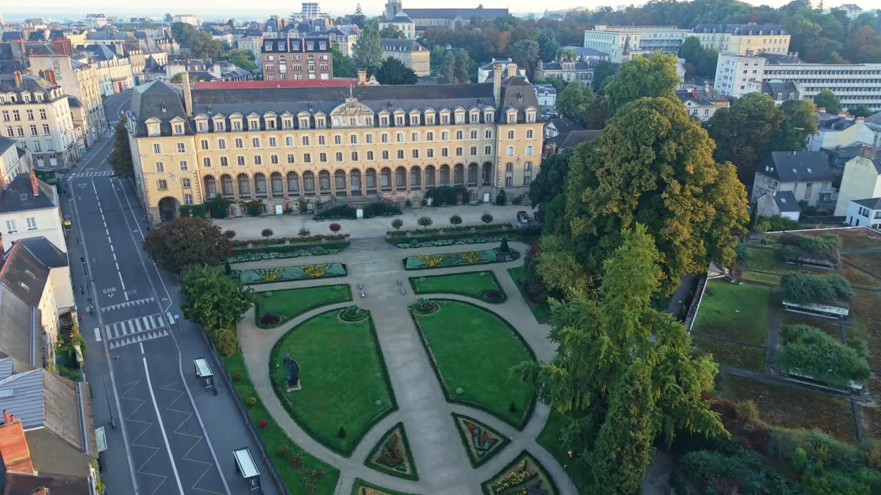 Saint George Palace and garden in Rennes, France. Aerial drone forward